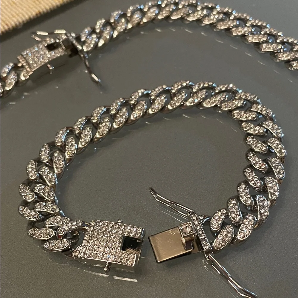 Men’s Hip-Hop Necklace and Bracelet Iced Cuban Link in Silvertone w/Rhinestone